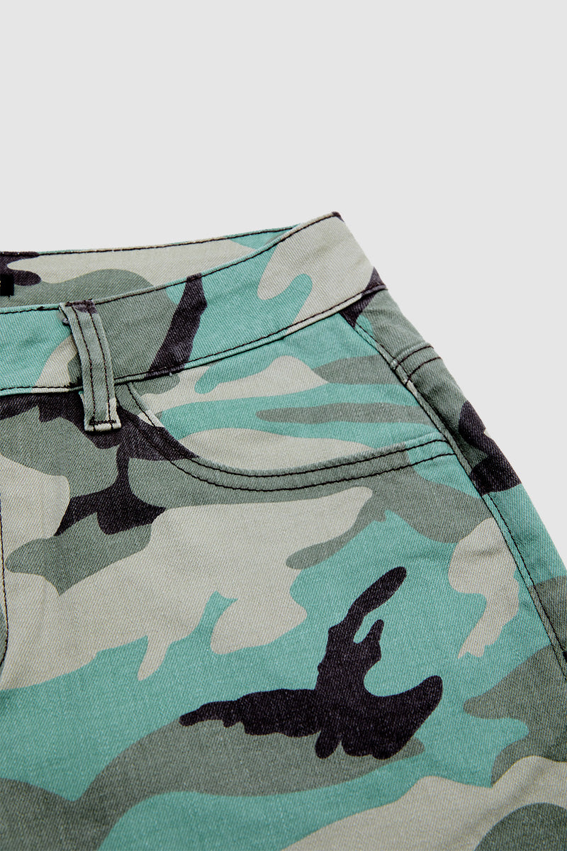 Camo Pattern Split Mid Waist Wide Leg Crop Pants Without Belt