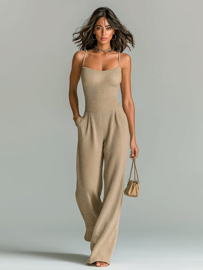 Chic Casual Camel Strappy Sleeveless Tailored Waist Wide Leg Ribbed Knit Jumpsuit