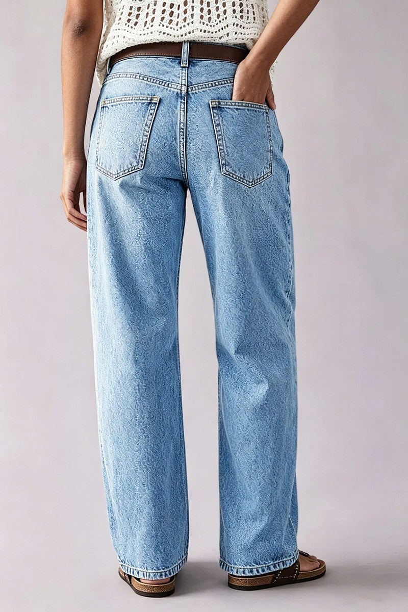 Stitch Detail Mid Waist Wide Leg Jeans Without Belt