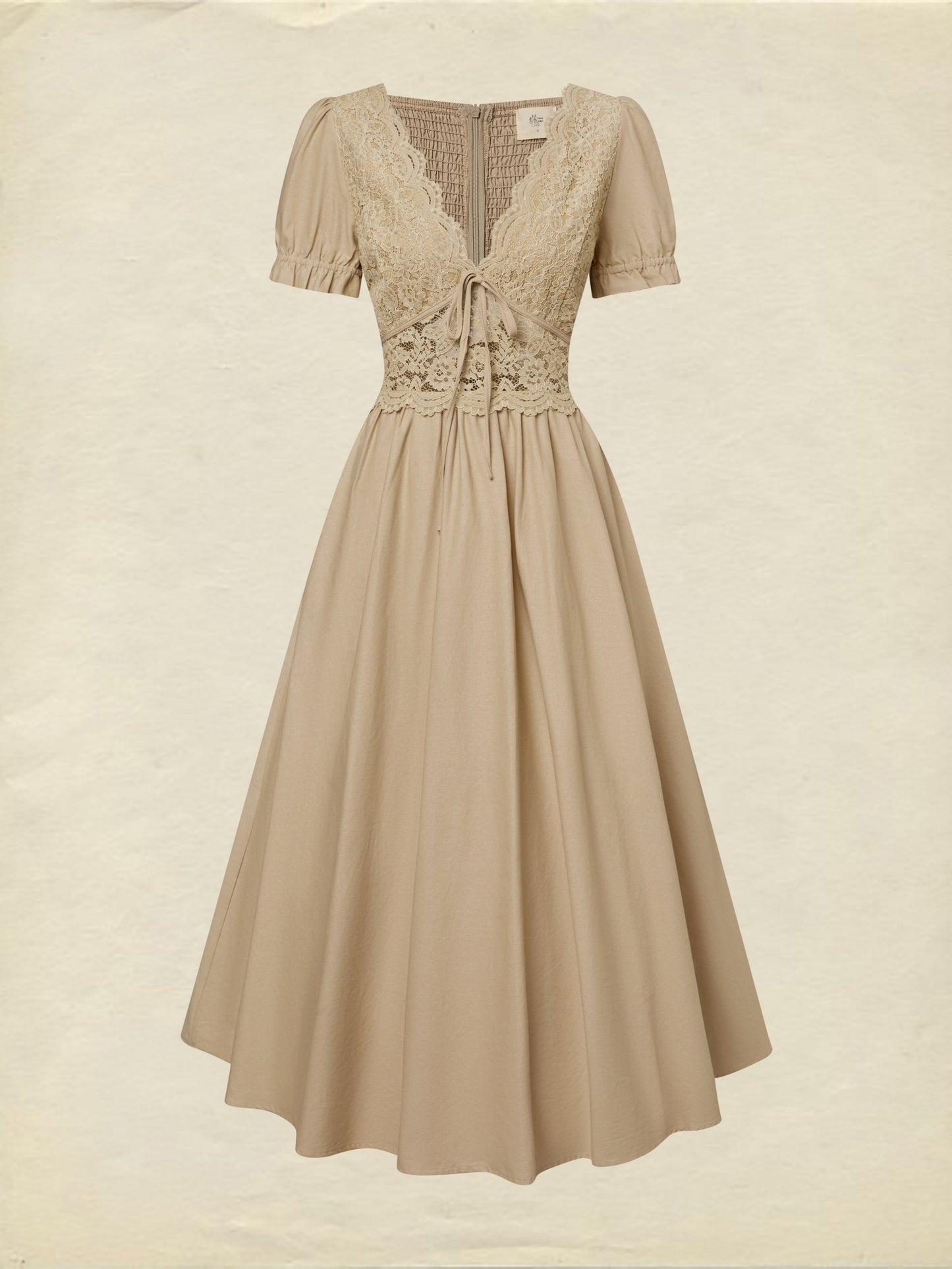 Robe longue en coton, manches courtes, col en V, unie, dentelle, style vintage français, marron