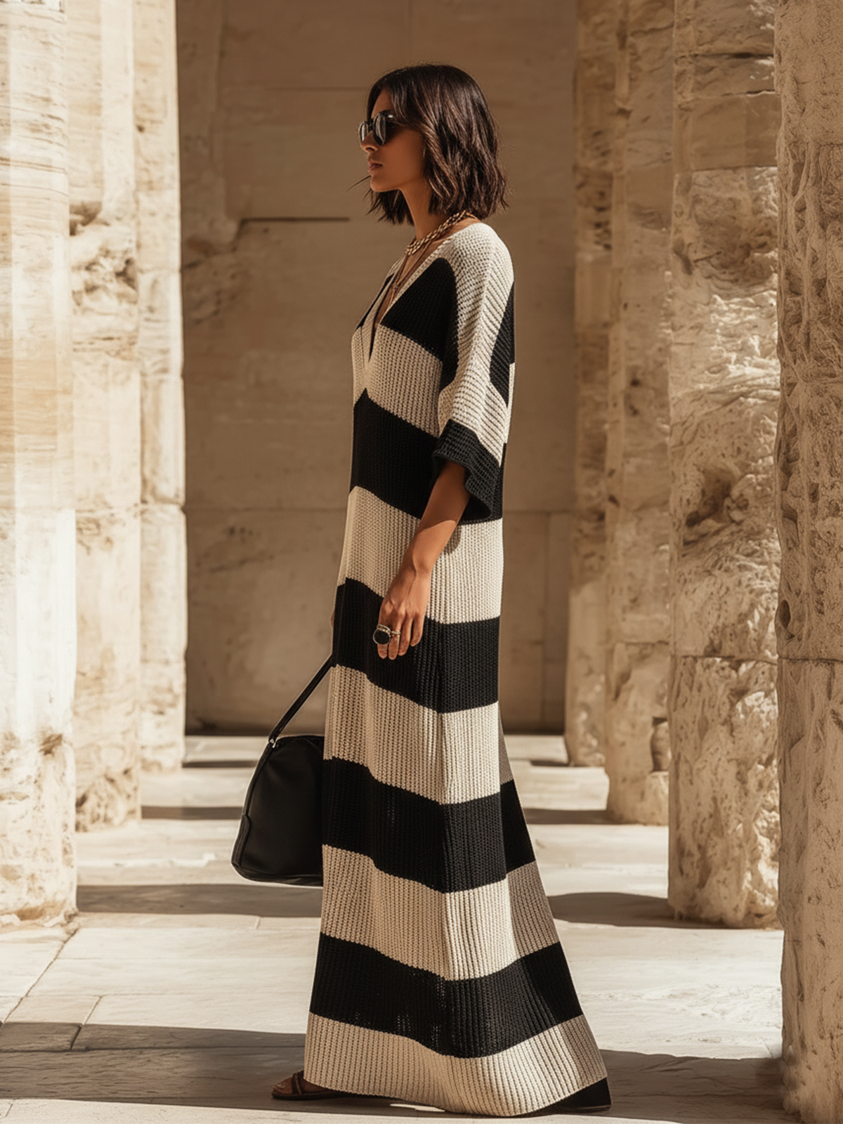 Chic Elegant Beige-Black Striped V-Neck Short-Sleeve Loose-Fit Side Slits Ribbed Knit Maxi Dress