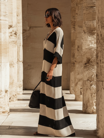 Chic Elegant Beige-Black Striped V-Neck Short-Sleeve Loose-Fit Side Slits Ribbed Knit Maxi Dress