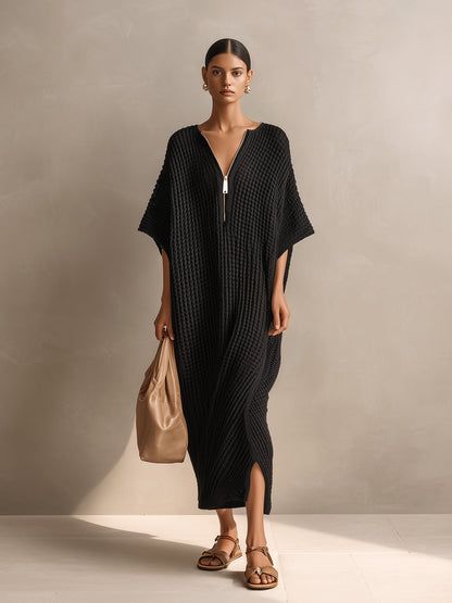 Chic Elegant Black Zipper-Up V-Neck Short-Sleeve Oversized Side-Slit Knit Maxi Dress
