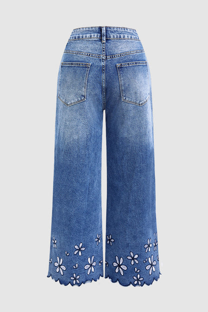 Floral Embroidery Scallop Trim Mid Rise Wide Leg Crop Jeans