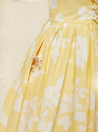 (TAILLE:TP-TTG) Robe Midi en Lin, Sans Manches, Mélange de Lin, Fleurie, Renaissance, Aqua