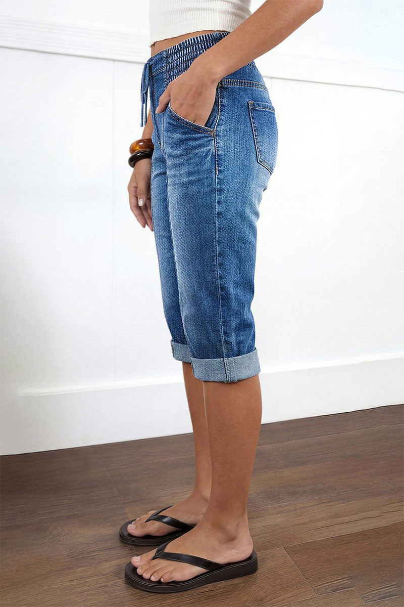 Drawstring Roll Hem Shirred Mid Waist Skinny Capri Jeans