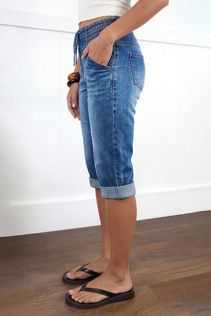 Drawstring Roll Hem Shirred Mid Waist Skinny Capri Jeans
