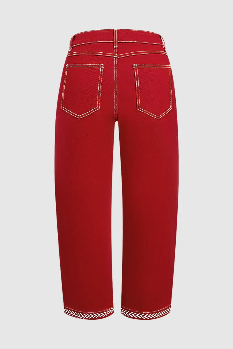 Contrast Stitch Mid Rise Barrel Leg Crop Pants