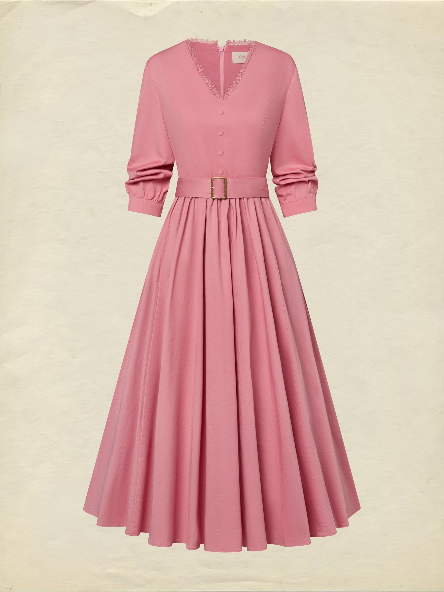 Robe midi en coton, demi-manches, col en V, unie, ceinture, style vintage, rose foncé