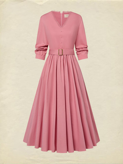 Robe midi en coton, demi-manches, col en V, unie, ceinture, style vintage, rose foncé