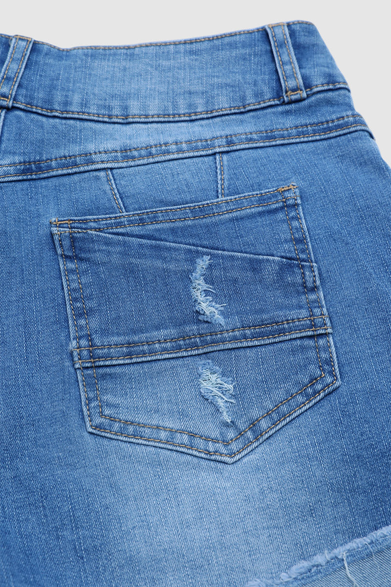 Wash Ripped Roll Hem Dual Button High Rise Denim Shorts
