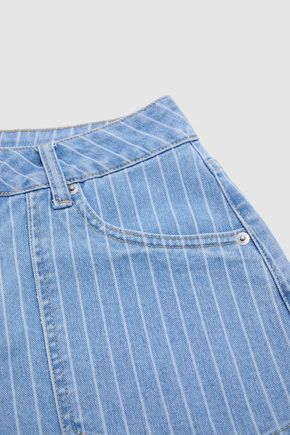 Pinstriped Flap Pocket High  Waist Denim Bermuda Shorts