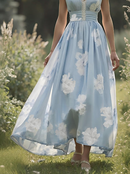 (TAILLE:XS-XXL)Robe longue en lin, sans manches, col en V, à fleurs, vintage, bleu clair