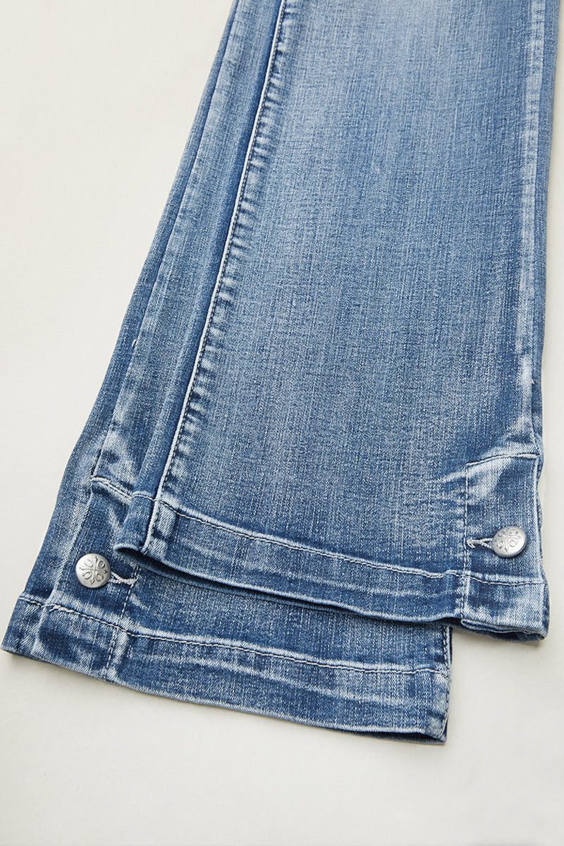 Embroidered Pocket Buttoned Hem Mid Waist Bootcut Jeans Without Belt