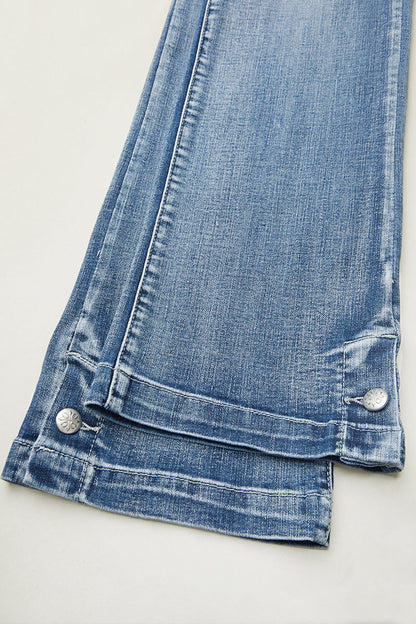 Embroidered Pocket Buttoned Hem Mid Waist Bootcut Jeans Without Belt