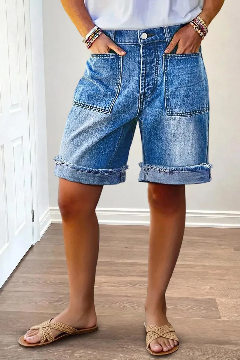 Wash Roll Hem Patch Pocket High Rise Denim Bermuda Shorts