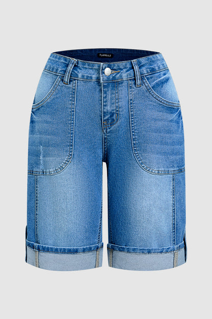 Ripped Seam Front Roll Hem Mid Rise Denim Bermuda Shorts Without Belt