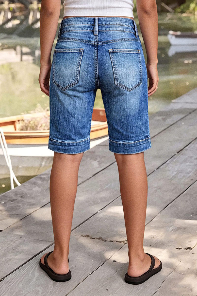 Wash Dual Button Mid Waist Straight Leg Denim Bermuda Shorts