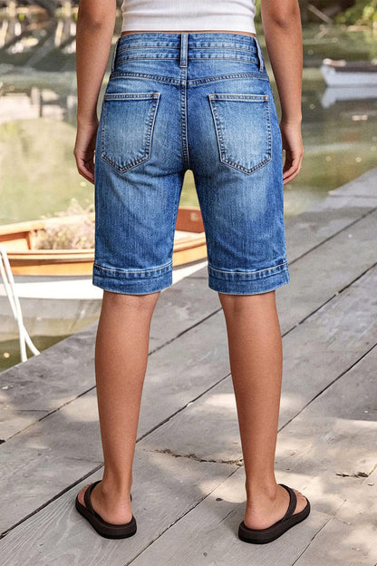 Wash Dual Button Mid Waist Straight Leg Denim Bermuda Shorts