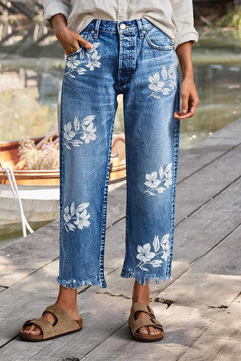 Floral Print Raw Hem Mid Waist Straight Leg Crop Jeans