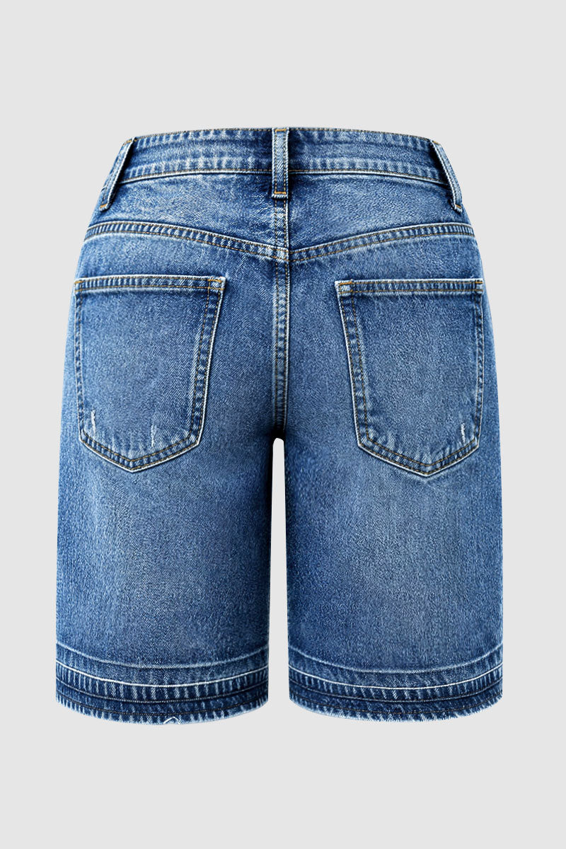 Wash Ripped Mid Waist Denim Bermuda Shorts Without Belt