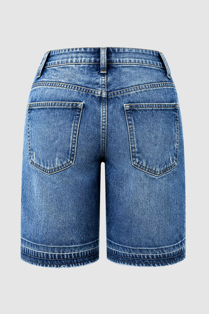 Wash Ripped Mid Waist Denim Bermuda Shorts Without Belt