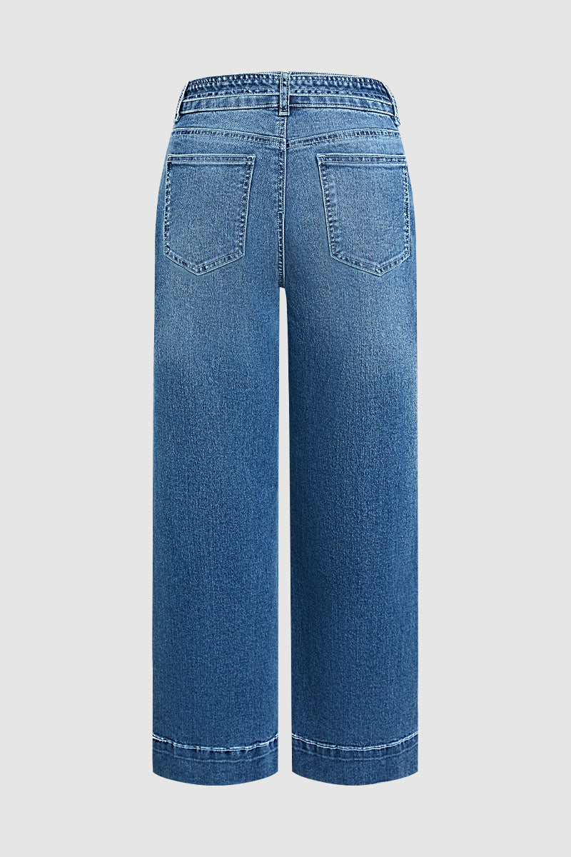 Wash Tie Belt Stitch Detail Mid Waist Wide Leg Jeans