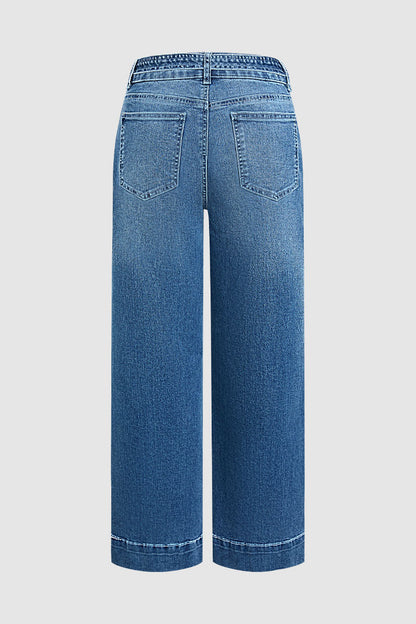 Wash Tie Belt Stitch Detail Mid Waist Wide Leg Jeans