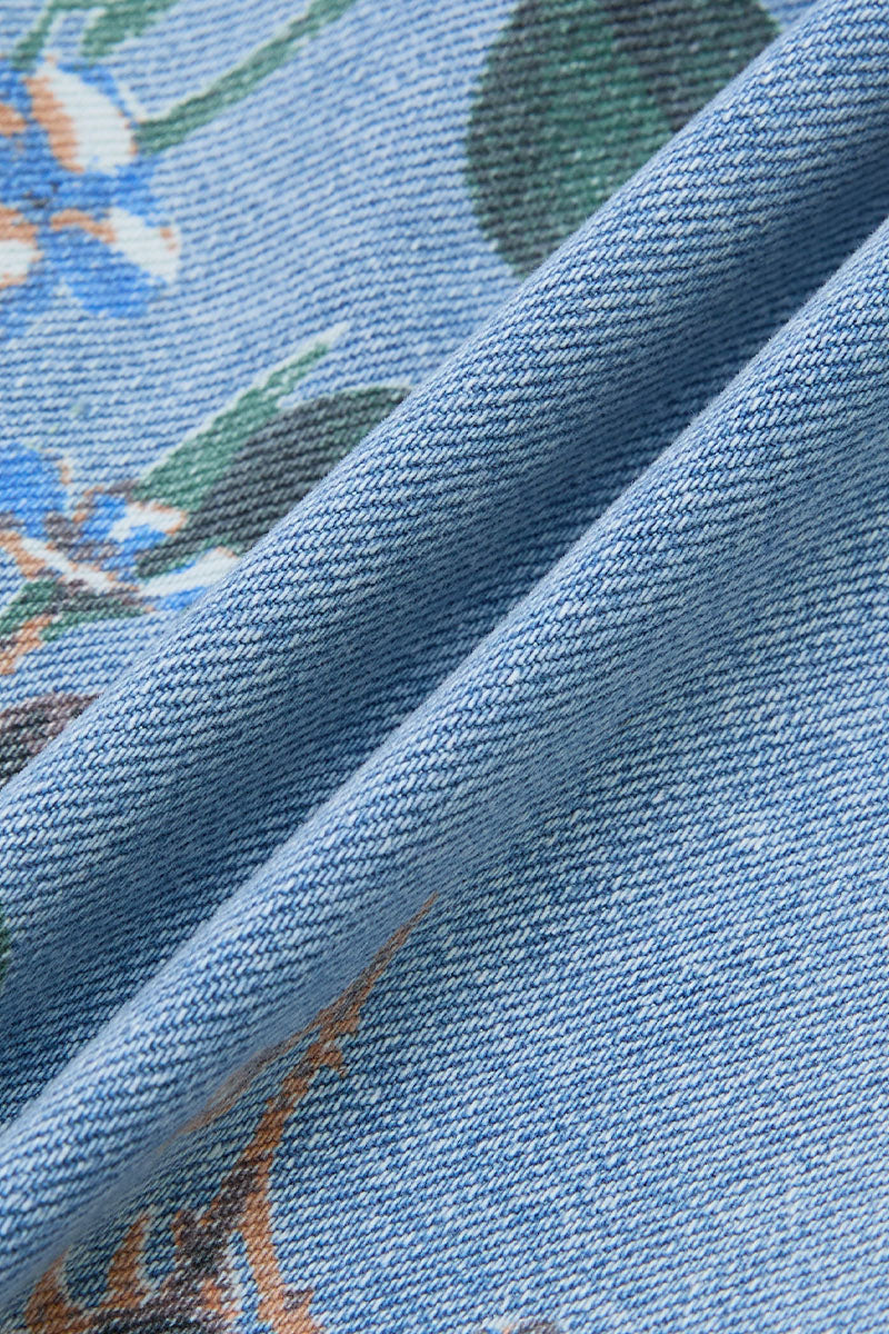 Wash Floral Print Flap Pocket Mid Rise Barrel Leg Crop Jeans