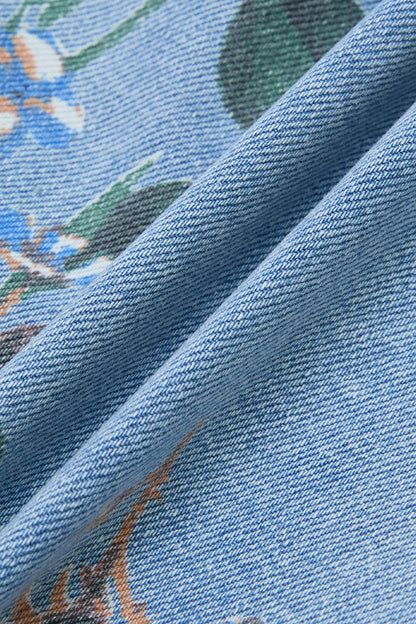 Wash Floral Print Flap Pocket Mid Rise Barrel Leg Crop Jeans