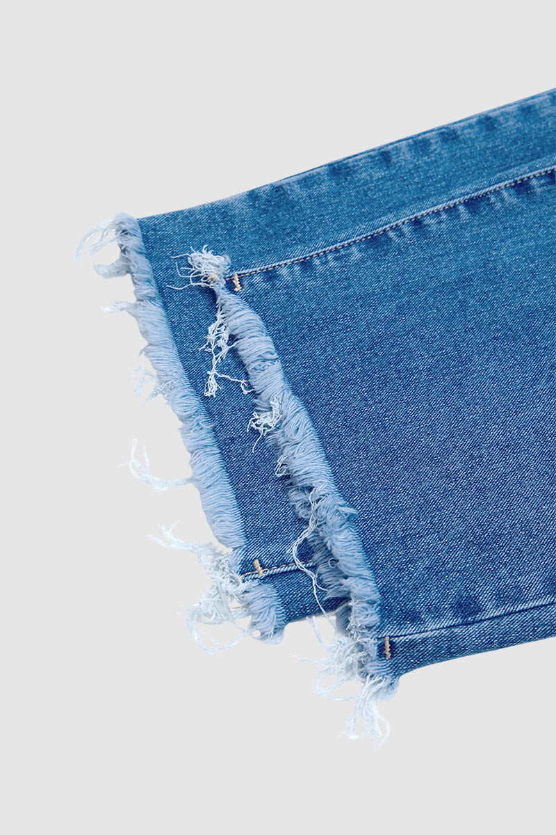 Wash Raw Hem Ripped Mid Waist Straight Leg Crop Jeans Without Belt