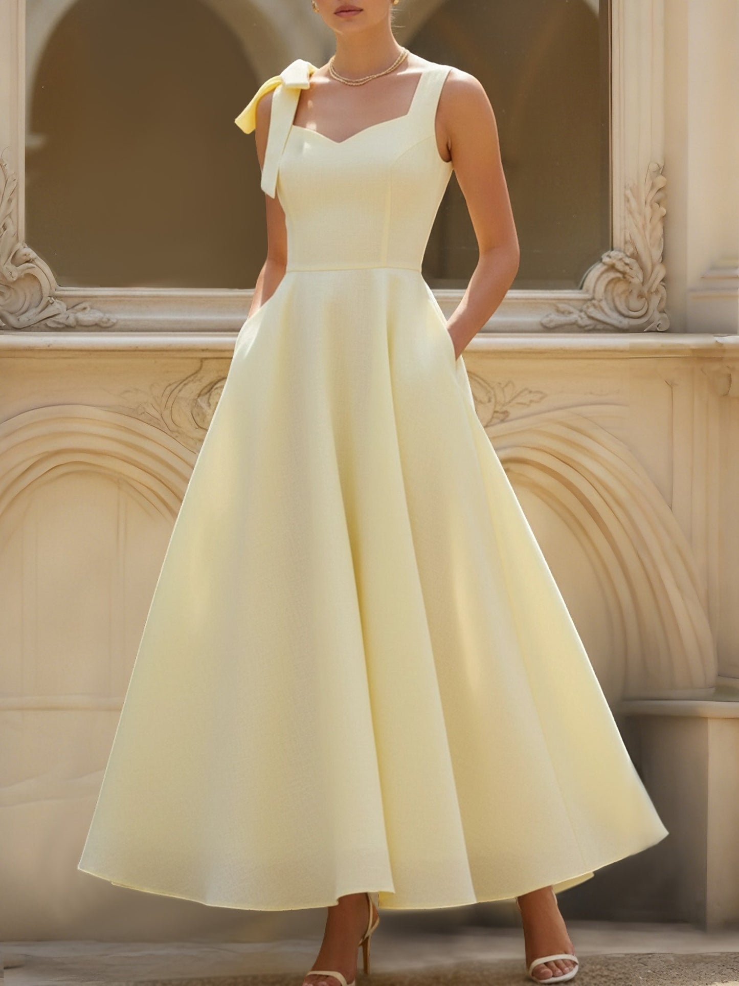 Robe Longue en Lin, Sans Manches, Col Carré, Unie, Nœud, Style Vintage Français, Jaune Clair