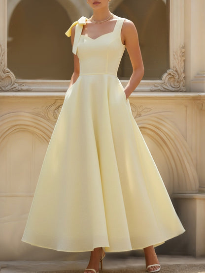 Robe Longue en Lin, Sans Manches, Col Carré, Unie, Nœud, Style Vintage Français, Jaune Clair