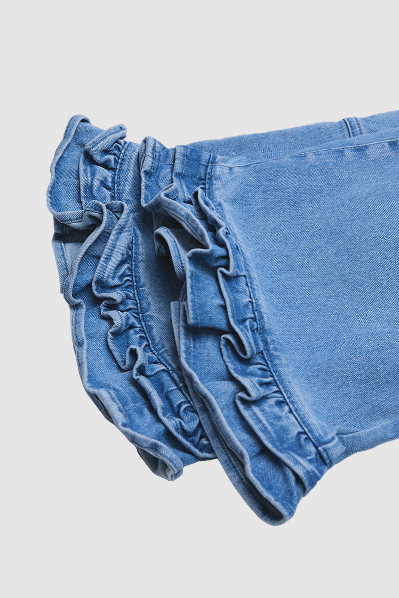 Wash Stitch Detail Ruffle Hem Mid Rise Wide Leg Crop Jeans