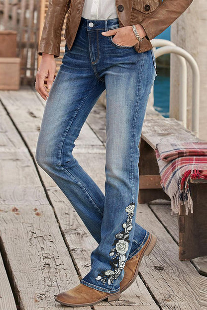 Washed Floral Embroidery Stretchy Mid Waist Bootcut Jeans