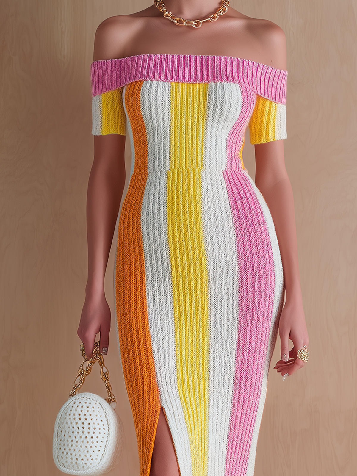 Stylish Elegant Pink Striped Off-Shoulder Short-Sleeve Slim-Fit Side-Slit Ribbed Knit Midi Dress
