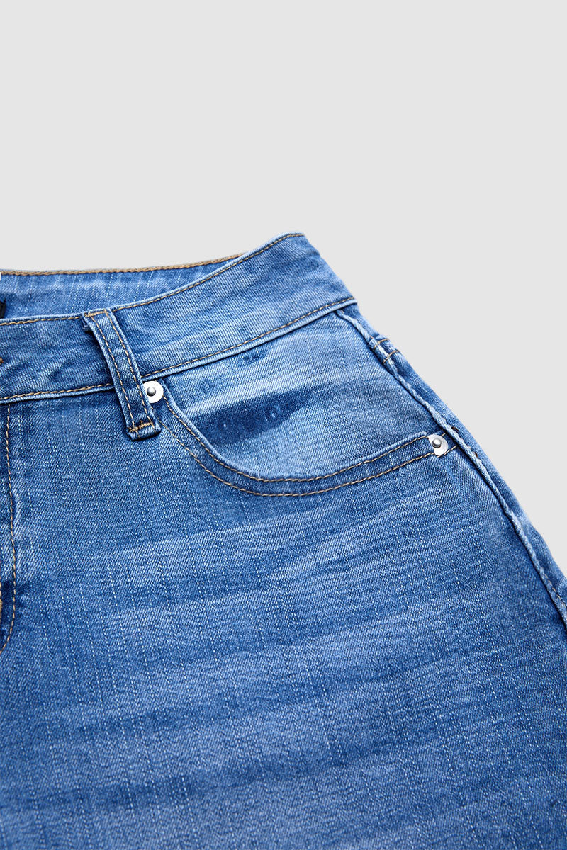 Wash Split Hollow Out Mid Waist Denim Bermuda Shorts