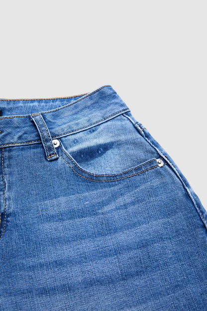 Wash Split Hollow Out Mid Waist Denim Bermuda Shorts