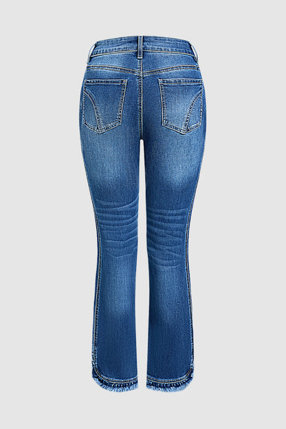 Stitch Detail Raw Hem Split Mid Waist Bootcut Jeans Without Belt