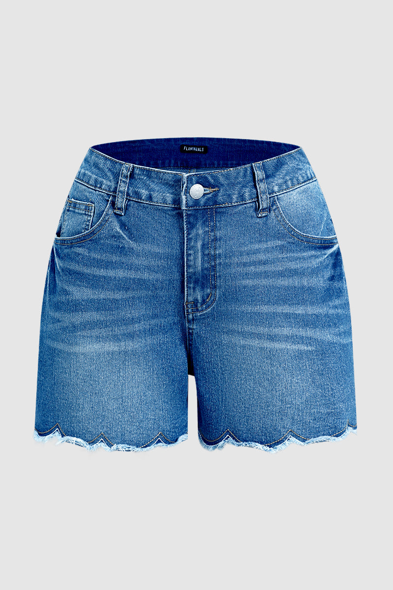 Wash Scallop Trim Raw Hem Mid Rise Denim Shorts