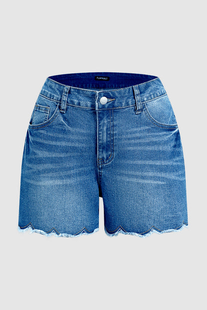 Wash Scallop Trim Raw Hem Mid Rise Denim Shorts