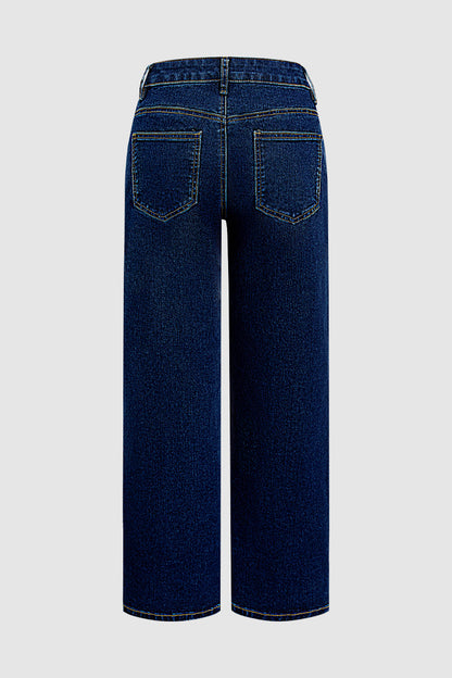 Wash Studded Mid Waist Straight Leg Jeans Without Belt