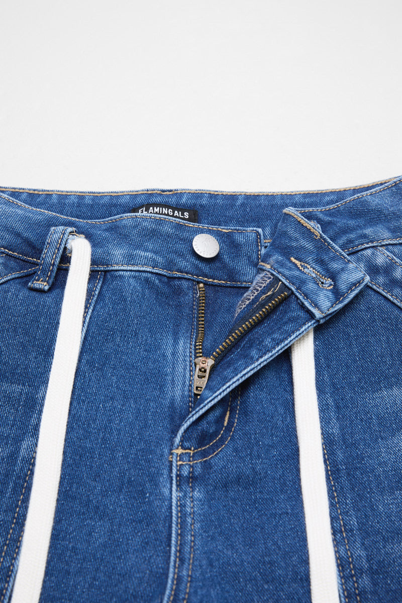 Wash Flap Pocket Drawstring Mid Rise Denim Bermuda Shorts