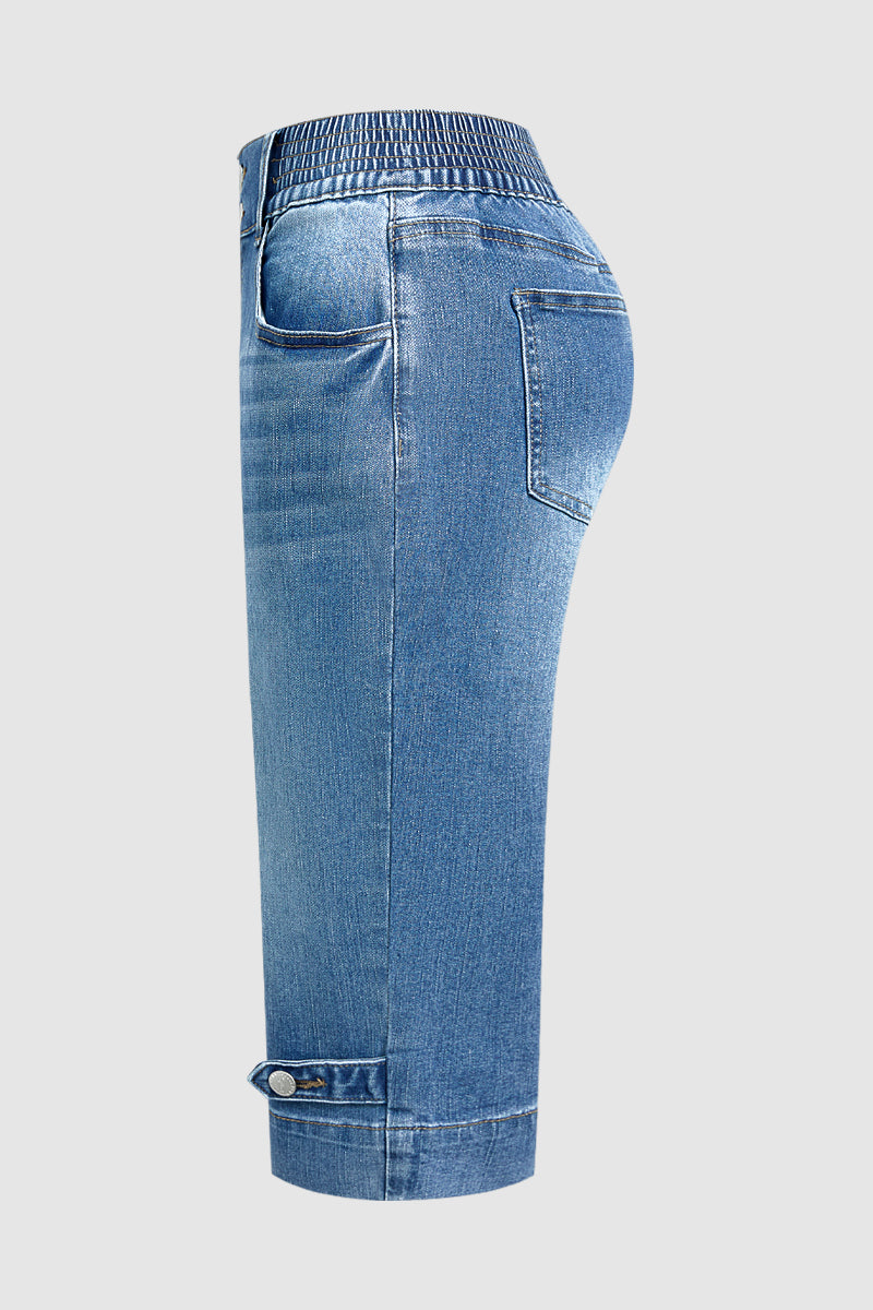 Wash Button Tab Elastic Mid Rise Straight Leg Capri Jeans