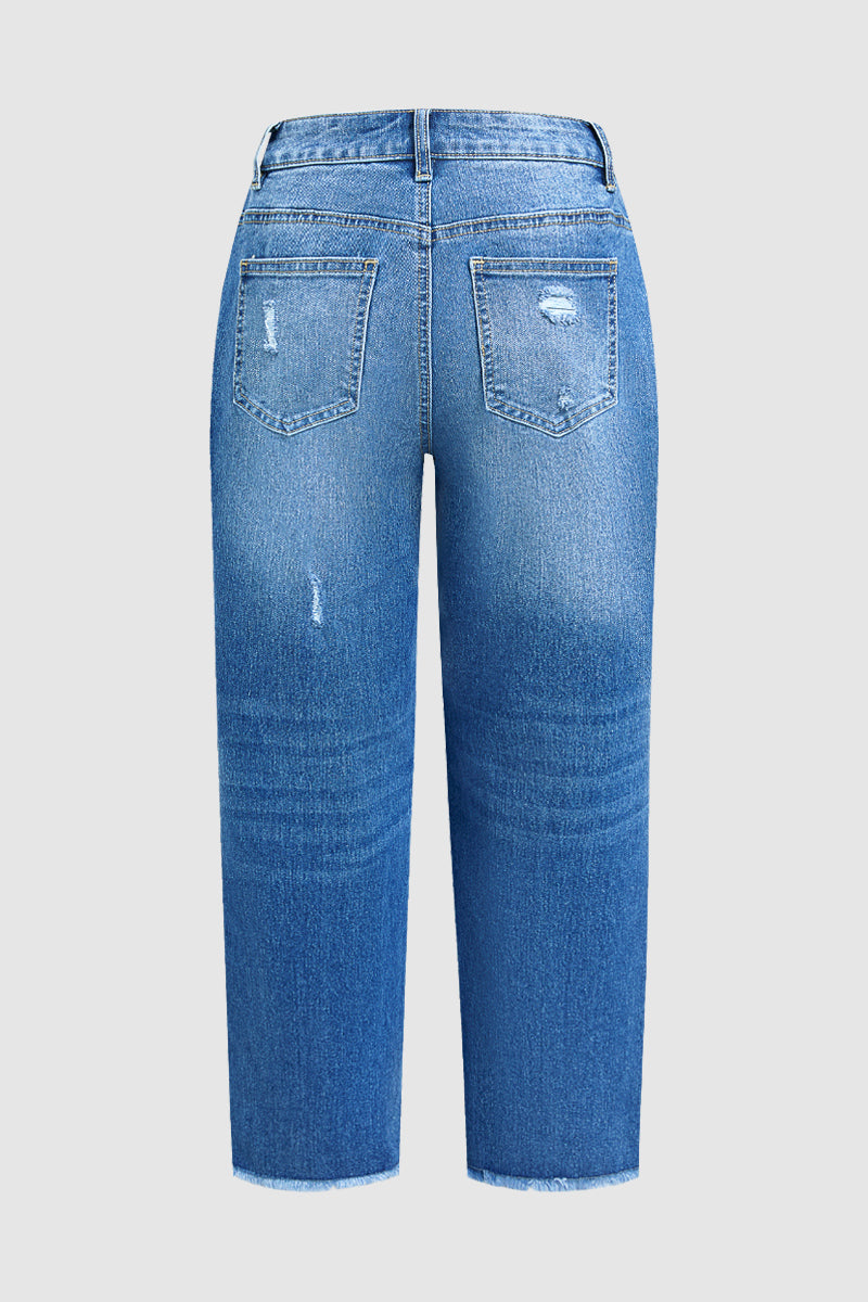 Wash Ripped Raw Hem Mid Rise Straight Leg Crop Jeans