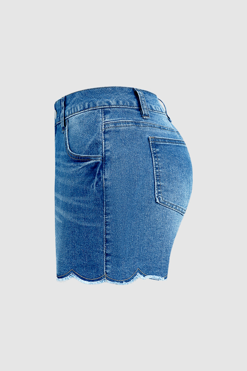 Wash Scallop Trim Raw Hem Mid Rise Denim Shorts