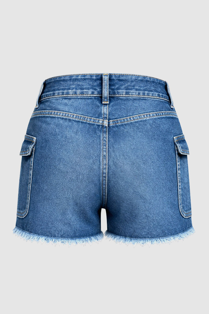 Wash Raw Hem Stitch Detail Flap Pocket Mid Waist Denim Shorts