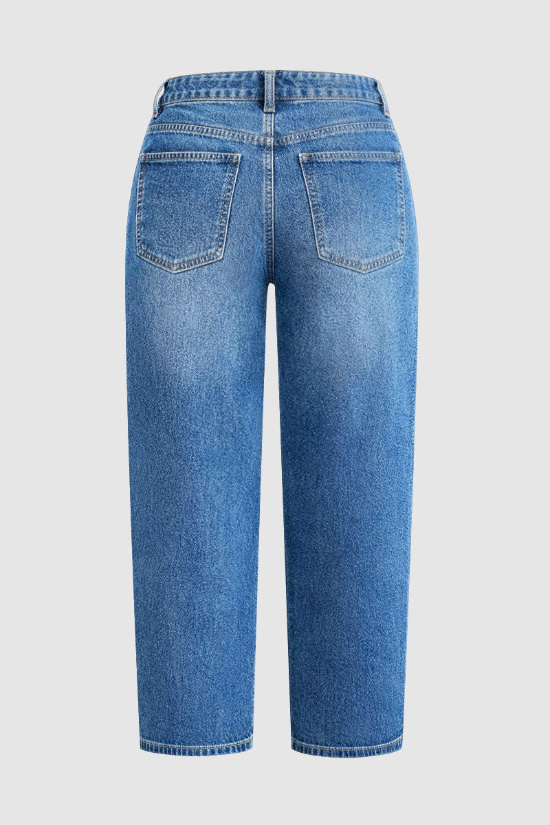 Wash Patched Pocket Mid Waist Straight Leg Crop Jeans Without Belt