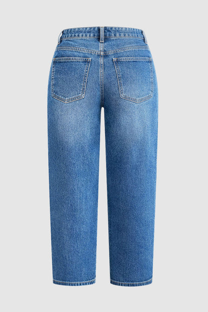 Wash Patched Pocket Mid Waist Straight Leg Crop Jeans Without Belt