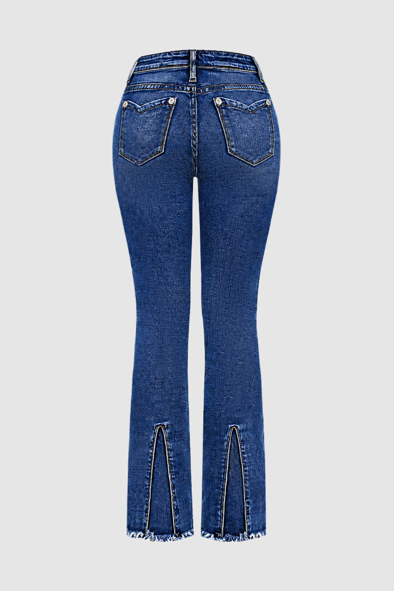 Wash Raw Hem V Cut Pocket Mid Rise Bootcut Jeans